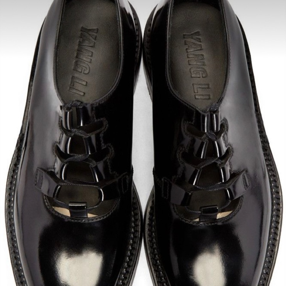 YANG LI, Black Patent Leather Ghillie Derbys